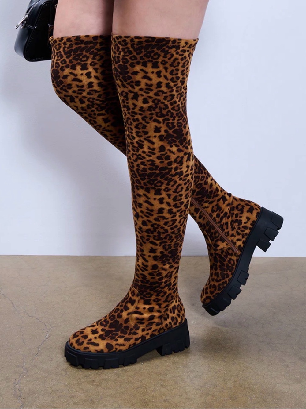Leopard Print Over-The-Knee Chunky Sole Boots - Brown